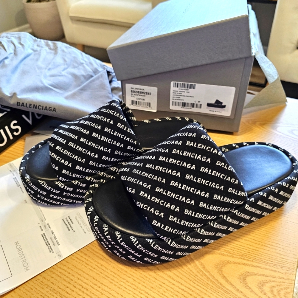 BALENCIAGA LOGO SLIP ON PLATFORM SANDALS